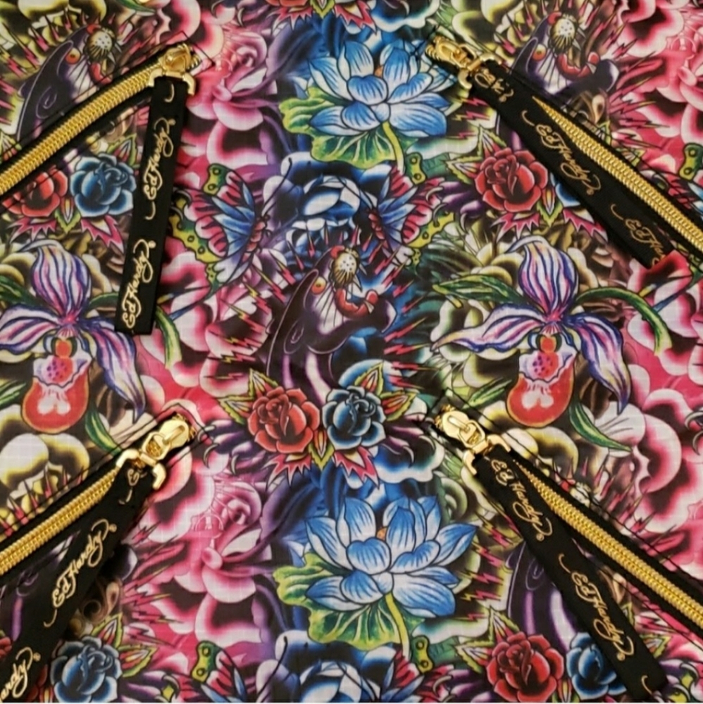 ED HARDY BY CHRISTIAN AUDIGIER FLORAL PANTHER TATOO PRINT TOTE BAG - Picture 5 of 13